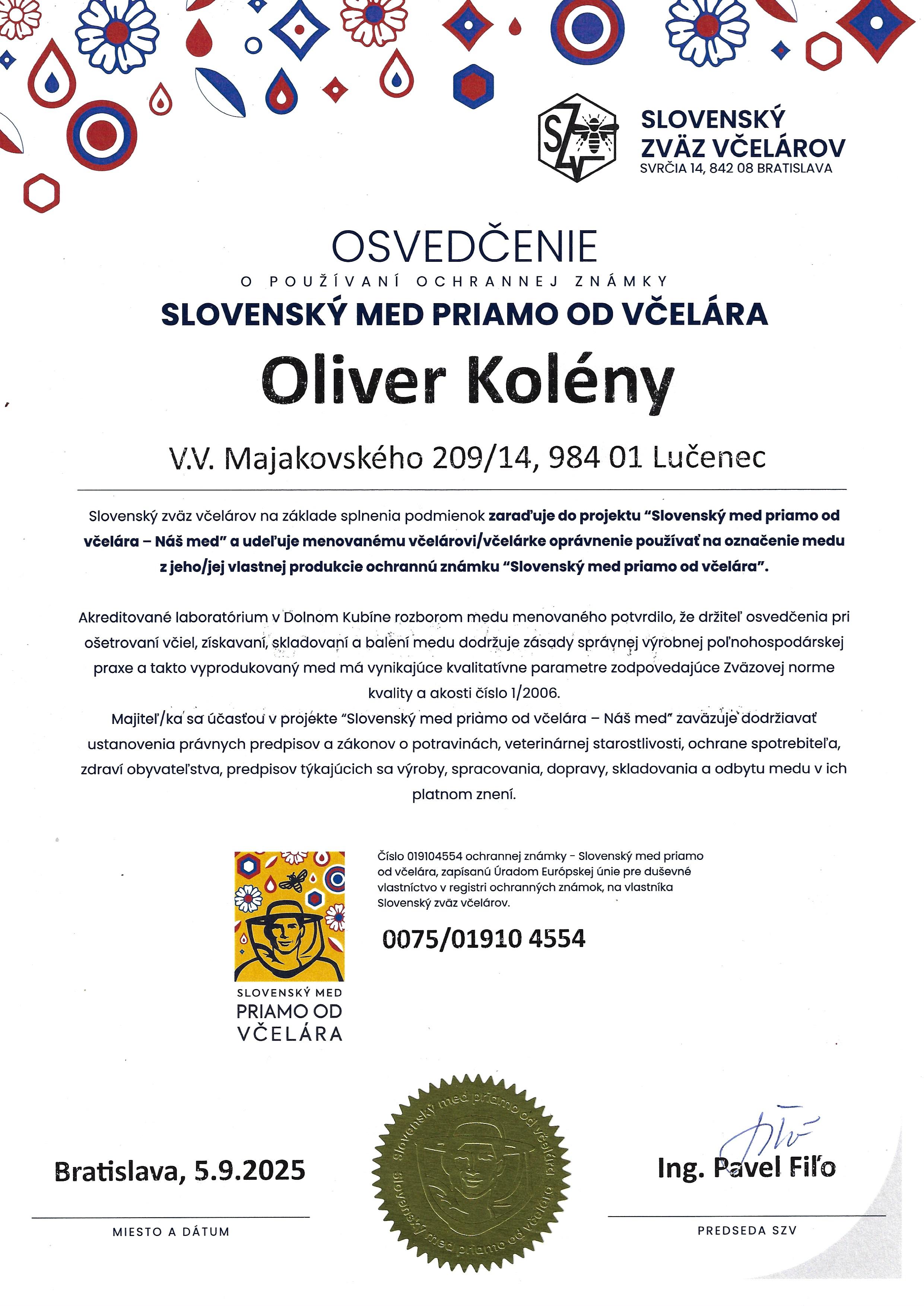 Certifikát Slovenský med priamo od včelára – Oliver Kolény